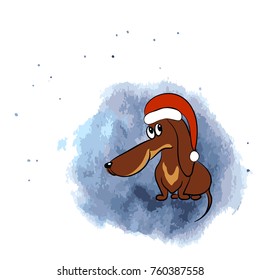 color vector illustration of dachshund with red new year clothes on snow