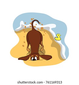 color vector illustration of dachshund with yellow duckling on the beach