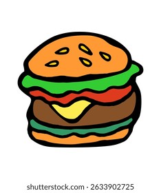 Color vector illustration of a delicious big burger on a white isolated background