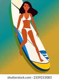 color vector illustration depicting a beautiful girl surfing for the design of illustrations that popularize active holidays, summer and the beach
