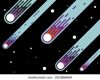 a color vector illustration depicting falling asteroids in the night starry sky