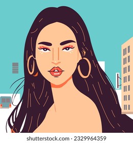 color vector illustration depicting a girl on the background of the city for the design of postcards, banners, signs and scenes