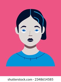 color vector illustration depicting a girl's face in a simple style for creating icons, flyers, postcards and website design