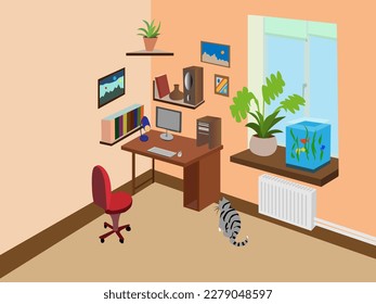 color vector illustration depicting the interior of a room with a desktop, a computer, bookshelves, plants, an aquarium and a domestic cat in a cartoon style for interior decoration