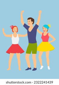color vector illustration depicting joyful young dancing people for creating and designing cards, banners and social projects