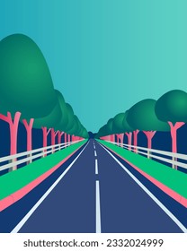 color vector illustration depicting a landscape and a road in a cartoon style for decorating scenes and other illustrations