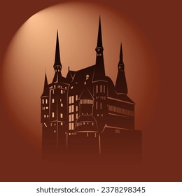 color vector illustration depicting an old castle in evening colors, for prints and for decorating scenes and interiors in vintage style