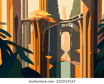 farbige Vektorgrafik, die das Panorama der Stadt in einem fantasievollen Stil darstellt, für Drucke auf Bannern, Postkarten und für die Dekoration von Innenräumen und Szenen