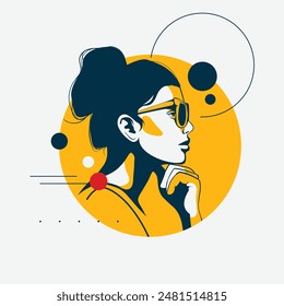 Color vector illustration depicting the profile of a girl with glasses looking into the distance. This stylish illustration is set on a round background, giving it a modern look.