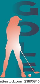 color vector illustration depicting a silhouette of a girl playing golf for the design of posters, banners, and interiors in a sports style