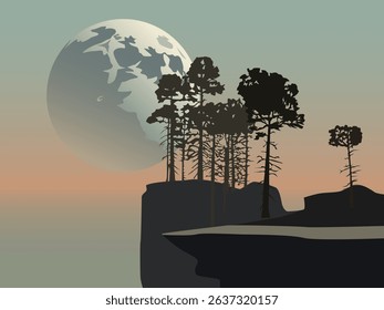 Color vector illustration depicting silhouettes of a group of pine trees growing on a rock against the backdrop of a sky filled with fantastic colors and a rising moon. For creating inspiring landscap