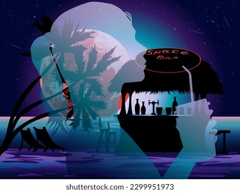color vector illustration depicting a translucent silhouette of a girl with a drink against the background of the night sky and a bar on the beach for prints on banners and for the design of bars 