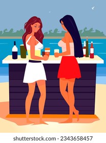 color vector illustration depicting two girls at the bar by the sea coast, for the design of banners and interior scenes in the style of travel and vacation