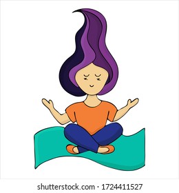 color vector illustration, doodle coloring book, yoga poses, asanas, girl in lotus position