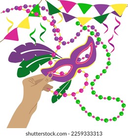 Ilustración vectorial de color de una máscara de estilo doodle. Imagen de una fiesta del Mardi Gras. Colección de símbolos tradicionales franceses del Mardi Gras. Perlas brillantes y máscara