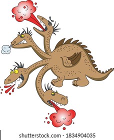 Color vector illustration of a dragon with four heads letting out flames on a white background.