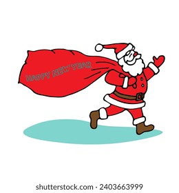 Color vector illustration drawn by hand in a cartoon style. Santa Claus is walking with a bag of gifts. New Year's drawing. Santa carries a bag.