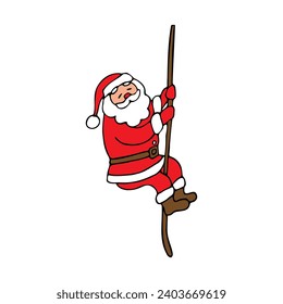 Color vector illustration drawn by hand in a cartoon style. Santa Claus on a rope.New Year's drawing.