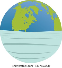 
ilustración del vector de color del globo terrestre con máscara. planeta azul-verde tierra con una máscara azul usando un virus pandémico
