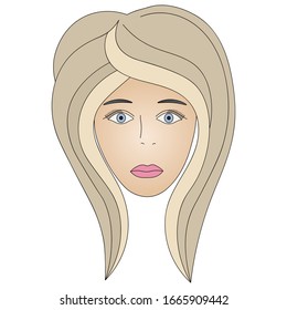 Color vector illustration of the face of a blonde girl with light blue eyes. Full face. Haircut for medium cascade hair. Plump lips are made up with pink lipstick. Face on an isolated background. 