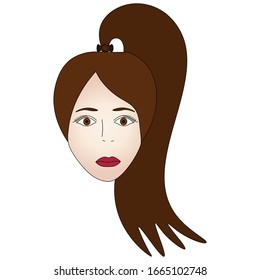 Farbige Vektorillustration Illustration des Gesichts eines Brunette-Mädchens. Volles Gesicht. Lange Haare sammelten sich in einem Pferdeschwanz. Braune Augen. Ein durchdringender Look. Puffe Lippen. Gesicht auf isoliertem Hintergrund. Cartoon-Stil.
