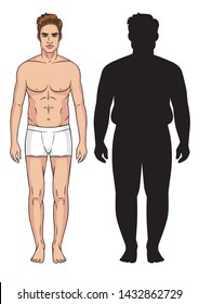 Color vector illustration of a fat man vs fitness man. Male Transformation. Weight loss for men. Silhouette of men with overweight. Athletic man after weight loss