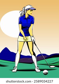 color vector illustration of a female golfer playing golf on a golf course. Bright colors, illustration for sports designs in cartoon style