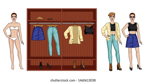 Color vector illustration of a female modern wardrobe for the autumn. A woman standing next to a closet with clothes. Two urban outfits for a female wardrobe. Female doll with clothes and wardrobe 