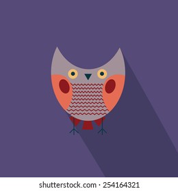 Color vector illustration of the flat owl with long shadow on the dark violet background. Vector illustration in flat style. 