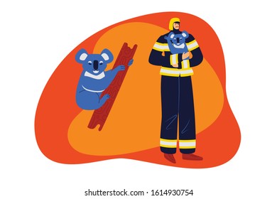 Color vector illustration flat style. A firefighter in uniform and helmet helps a koala. Web banner, web page, landing page concept. Helping animals in case of fire