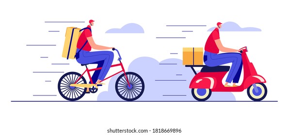 Color vector illustration in flat style isolated on white background. Fast food delivery by courier. Set of food delivery man on a scooter and on a bike. Design for a web page for ordering food online