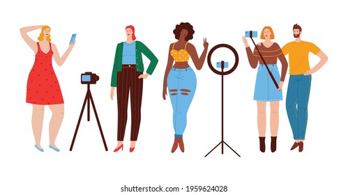 Color vector illustration in flat style isolated on white background. A group of people in fashionable clothes are using the phone. The girl takes a selfie. African American girl makes a photo. 