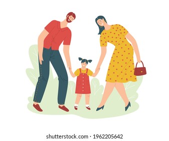 Color vector illustration in flat style isolated on white background. A young family is walking with a child. Beautiful couple with a baby in the park. Mom and Dad lead daughter by the hand