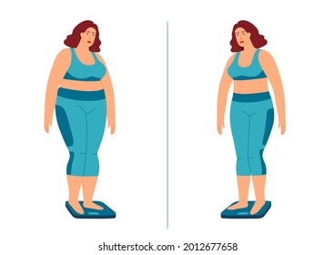 Ilustración del vector de color en estilo plano aislado en fondo blanco. La chica está parada en la balanza. Niña antes y después de perder peso. Transformación corporal. Una chica gorda está perdiendo peso.