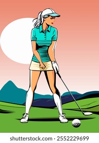 ilustração de vetor de cor em estilo plano com a imagem de uma menina jogando golfe