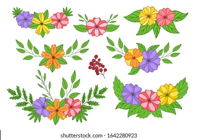 Color vector illustration. Floral design. Set of Elements of flowers, twigs and leaves to decorate corners, borders,frames.Hand-drawn and isolated on a white background.Design for Women's Day,weddings