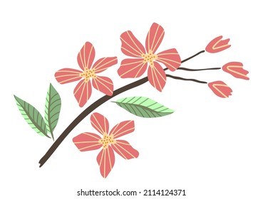 Color vector illustration. Flowering branch, pink flowers, leaves. Spring time.