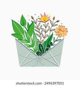 Color vector illustration of flowers in an envelope, congratulations: a vibrant design perfect for celebrating special occasions and adding a touch of joy to your messages.