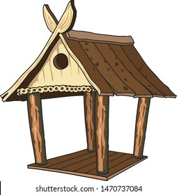 color vector illustration - forest canopy on four pillars of boards and logs for drying hay