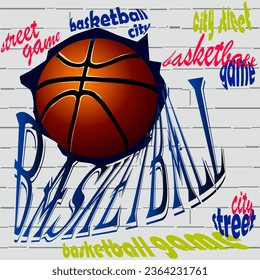 color vector illustration in the form of graffiti on the wall with the image of a basketball ball, for decorating scenes and interiors in a sports style