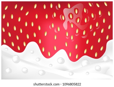 Color vector illustration of fresh red strawberry in milk yoghurt cream. Macro red strawberry in cream.