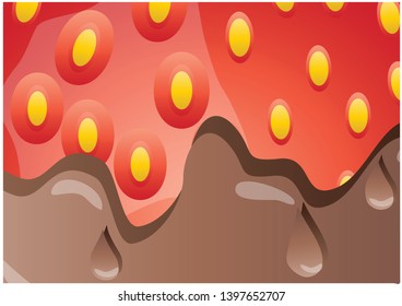 Color vector illustration of fresh red strawberry in hot chocolate. Realistic flat design vector illustration of red strawberry detail.