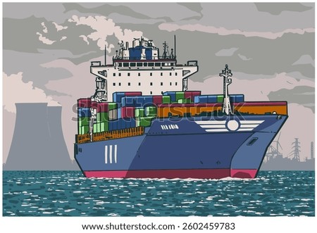 Color vector illustration of full commercial container ship from three quarter view