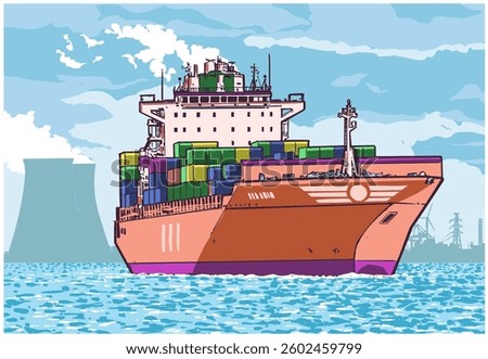 Color vector illustration of full commercial container ship from three quarter view