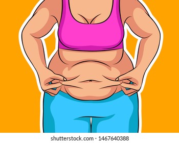 Color Vector Illustration Of A Girl Before Weight Loss. Fat Female Belly. Poster About Unhealthy Diet And Lifestyle. Obese Female Figure