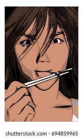 A color vector illustration of a girl  eating noodles with  chopsticks. 
