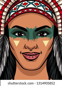 Color vector illustration of a girl face from an Indian tribe. Bright face makeup and traditional headdress on an Indian girl. Amazon girl face poster design for print on t-shirt, flyer, advertising