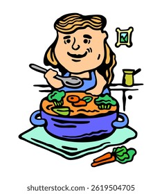 Color vector illustration of a girl in the kitchen with a large saucepan of soup on a white isolated background