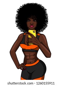 Color vector illustration of a girl in sportswear isolated from white background. Slim Girl makes selfie after workout. Sports African American girl takes pictures of herself after the gym.