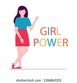 Color vector illustration of a Girl standing and waving her hand. Caption Girl Power